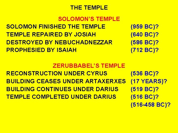 THE TEMPLE SOLOMON’S TEMPLE SOLOMON FINISHED THE TEMPLE REPAIRED BY JOSIAH DESTROYED BY NEBUCHADNEZZAR
