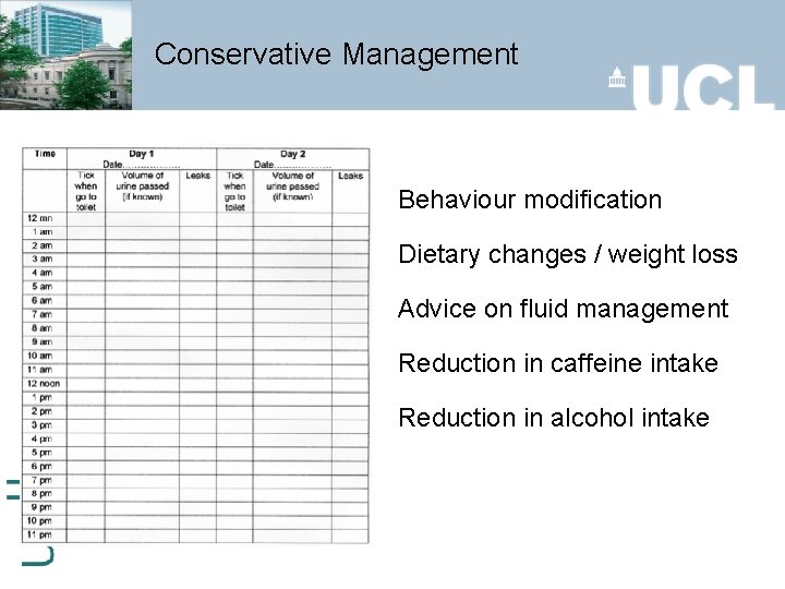Conservative Management Behaviour modification Dietary changes / weight loss Advice on fluid management Reduction