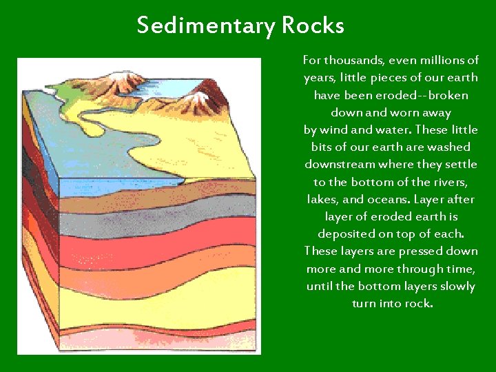 Sedimentary Rocks For thousands, even millions of years, little pieces of our earth have