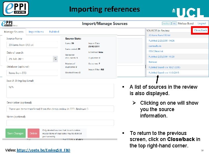 Importing references § A list of sources in the review is also displayed. Ø