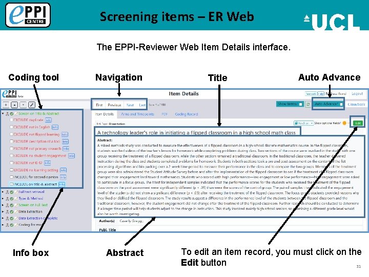 Screening items – ER Web The EPPI-Reviewer Web Item Details interface. Coding tool Info
