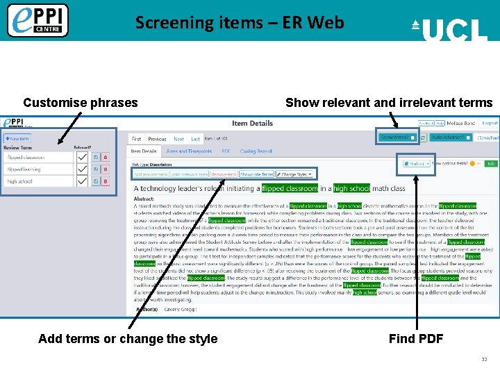 Screening items – ER Web Customise phrases Add terms or change the style Show