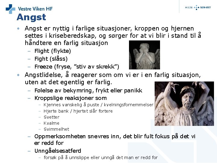 Angst • Angst er nyttig i farlige situasjoner, kroppen og hjernen settes i kriseberedskap,