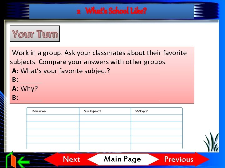 2 What’s School Like? Your Turn Work in a group. Ask your classmates about