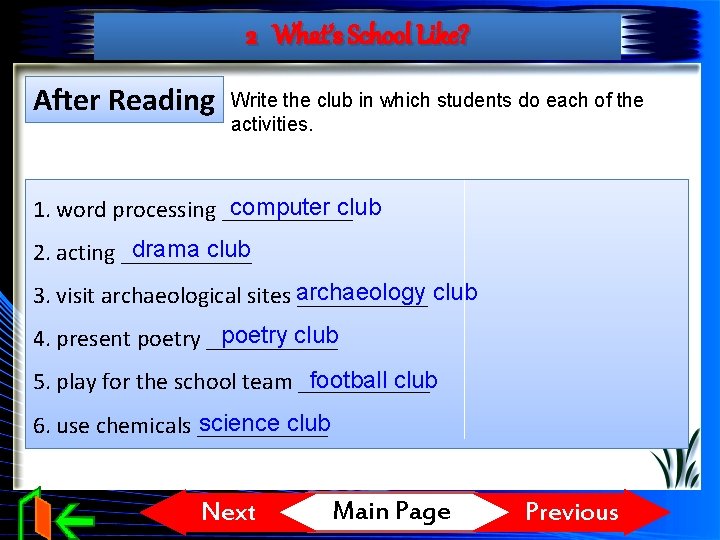 2 What’s School Like? After Reading Write the club in which students do each