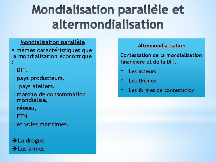 Mondialisation parallèle = mêmes caractéristiques que la mondialisation économique : - DIT, - pays