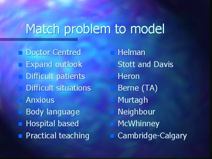 Match problem to model n n n n Doctor Centred Expand outlook Difficult patients