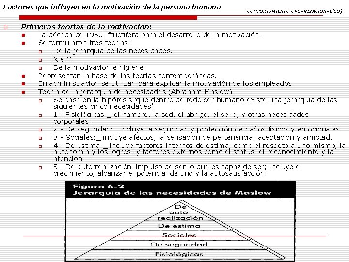 Factores que influyen en la motivación de la persona humana o COMPORTAMIENTO ORGANIZACIONAL(CO) Primeras