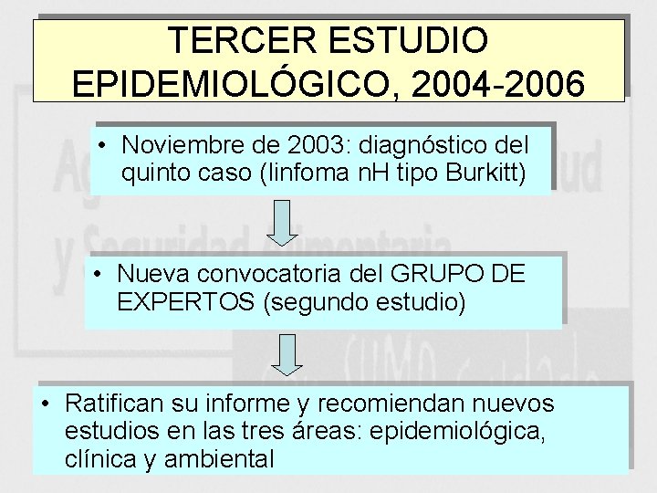TERCER ESTUDIO EPIDEMIOLÓGICO, 2004 -2006 • Noviembre de 2003: diagnóstico del quinto caso (linfoma
