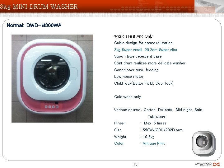 3 kg MINI DRUM WASHER Normal: DWD-M 300 WA World’s First And Only Cubic