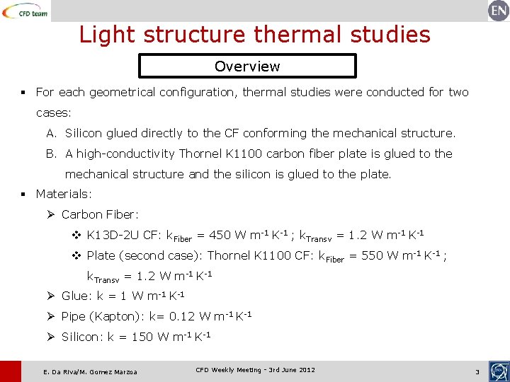 Light structure thermal studies Overview § For each geometrical configuration, thermal studies were conducted