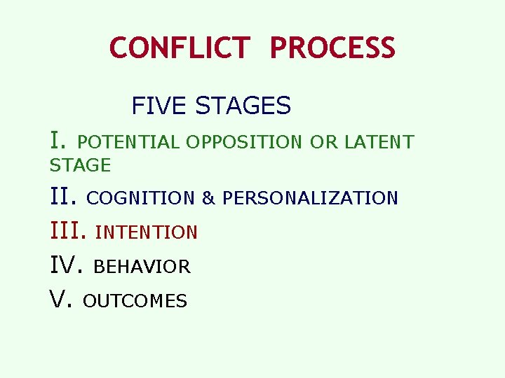 CONFLICT PROCESS FIVE STAGES I. POTENTIAL OPPOSITION OR LATENT STAGE II. COGNITION & PERSONALIZATION