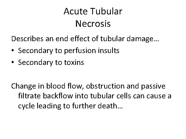 Acute Tubular Necrosis Describes an end effect of tubular damage… • Secondary to perfusion Acute Tubular Necrosis Describes an end effect of tubular damage… • Secondary to perfusion