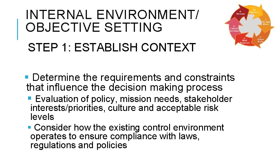 INTERNAL ENVIRONMENT/ OBJECTIVE SETTING STEP 1: ESTABLISH CONTEXT § Determine the requirements and constraints