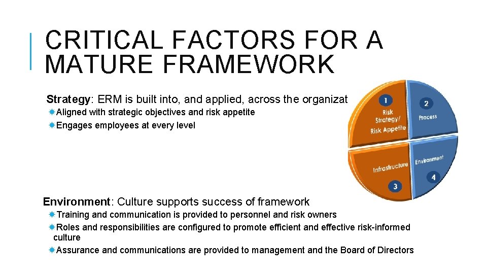 CRITICAL FACTORS FOR A MATURE FRAMEWORK Strategy: ERM is built into, and applied, across