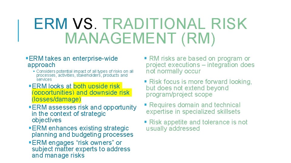 ERM VS. TRADITIONAL RISK MANAGEMENT (RM) §ERM takes an enterprise-wide approach § Considers potential