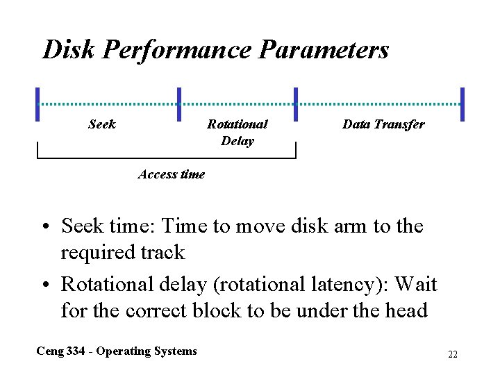 Disk Performance Parameters Seek Rotational Delay Data Transfer Access time • Seek time: Time