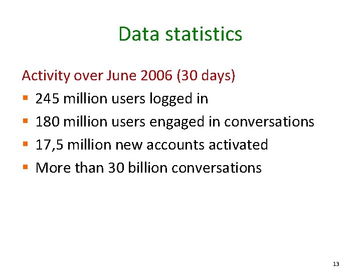 Data statistics Activity over June 2006 (30 days) § 245 million users logged in