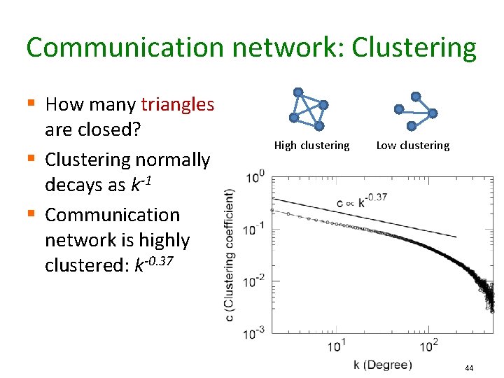 Communication network: Clustering § How many triangles are closed? § Clustering normally decays as