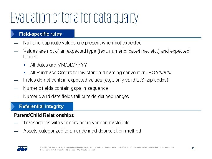 Evaluation criteria for data quality Field-specific rules — Null and duplicate values are present