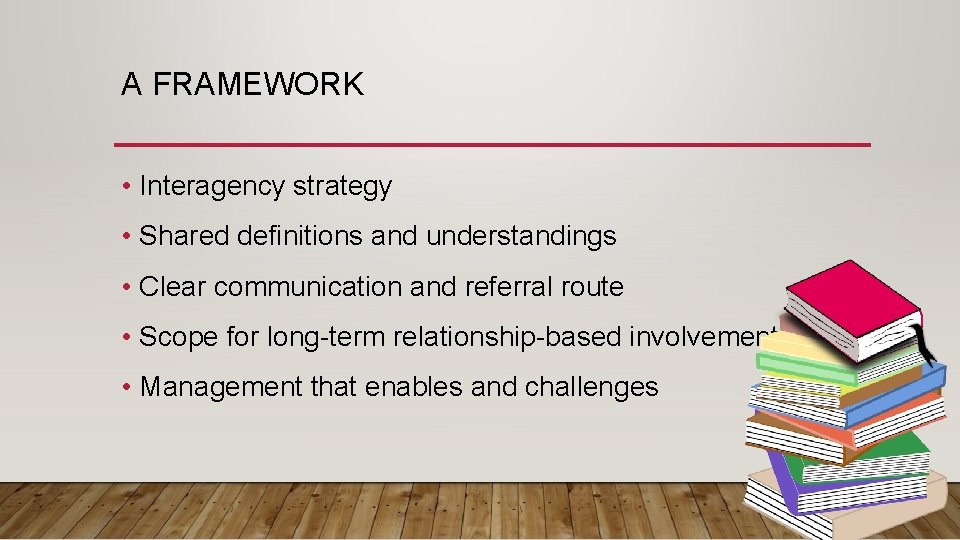 A FRAMEWORK • Interagency strategy • Shared definitions and understandings • Clear communication and
