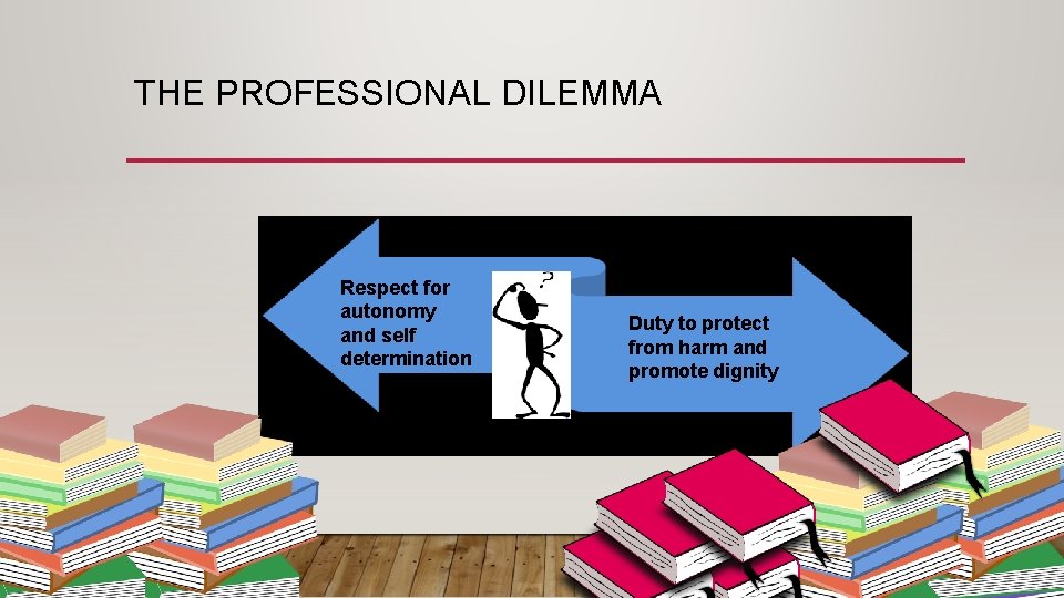 THE PROFESSIONAL DILEMMA Respect for autonomy and self determination Duty to protect from harm