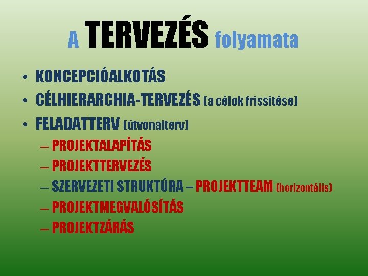 A TERVEZÉS folyamata • KONCEPCIÓALKOTÁS • CÉLHIERARCHIA-TERVEZÉS (a célok frissítése) • FELADATTERV (útvonalterv) –