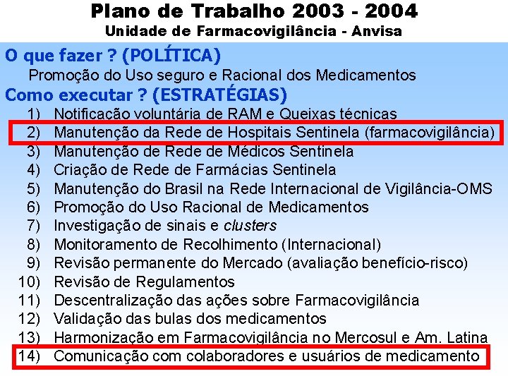 Plano de Trabalho 2003 - 2004 Unidade de Farmacovigilância - Anvisa O que fazer