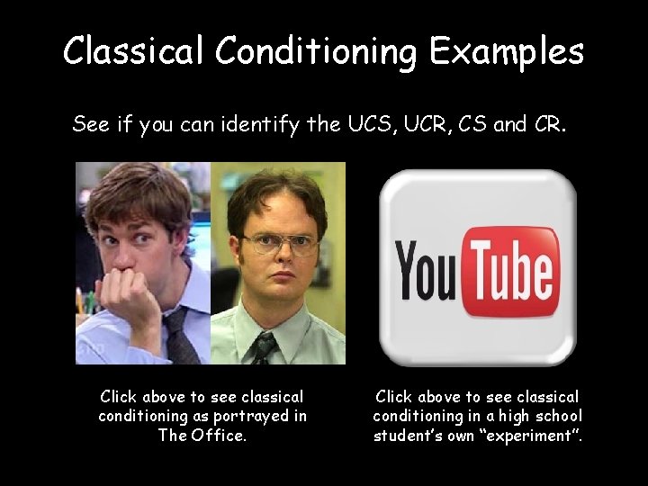 Classical Conditioning Examples See if you can identify the UCS, UCR, CS and CR.