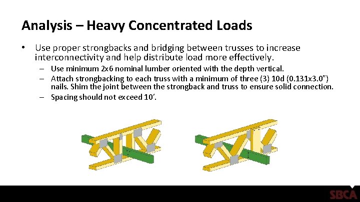 Analysis – Heavy Concentrated Loads • Use proper strongbacks and bridging between trusses to