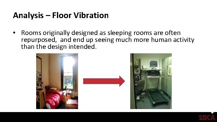 Analysis – Floor Vibration • Rooms originally designed as sleeping rooms are often repurposed,