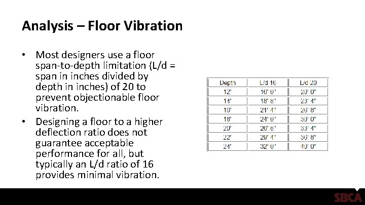 Analysis – Floor Vibration • Most designers use a floor span-to-depth limitation (L/d =