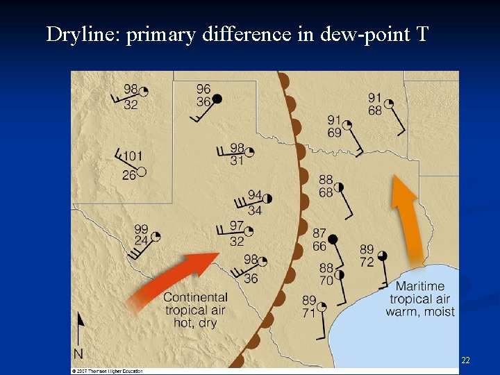Dryline: primary difference in dew-point T 22 