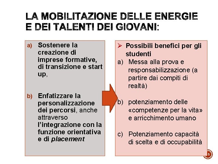 a) Sostenere la creazione di imprese formative, di transizione e start up, b) Enfatizzare