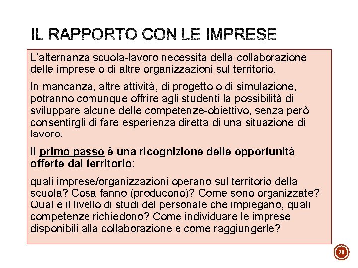 L’alternanza scuola-lavoro necessita della collaborazione delle imprese o di altre organizzazioni sul territorio. In