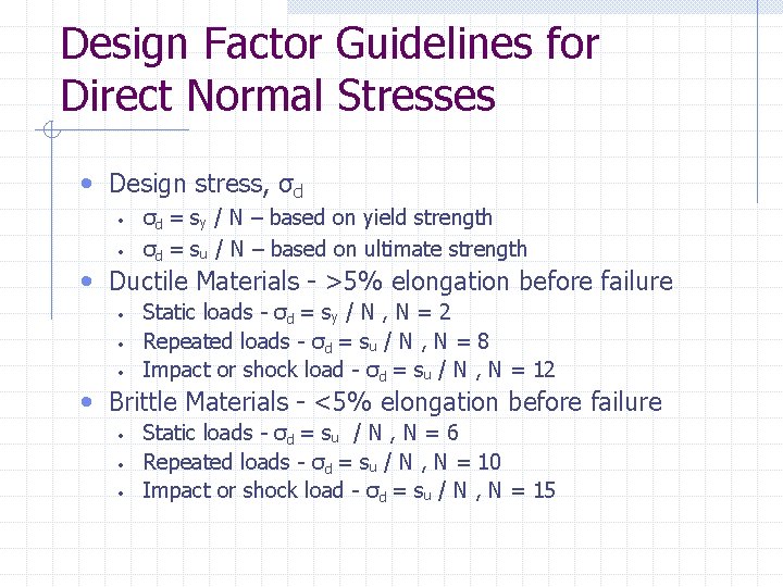Design Factor Guidelines for Direct Normal Stresses • Design stress, σd • • σd