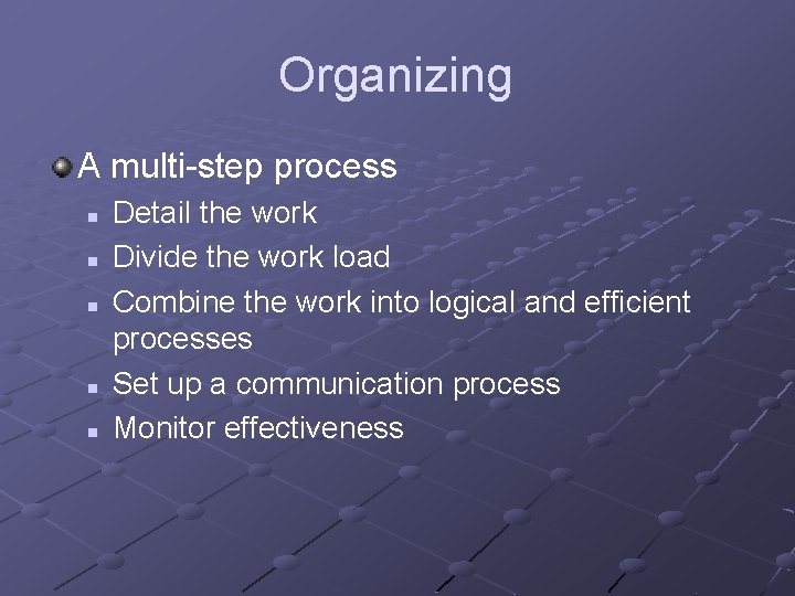 Organizing A multi-step process n n n Detail the work Divide the work load