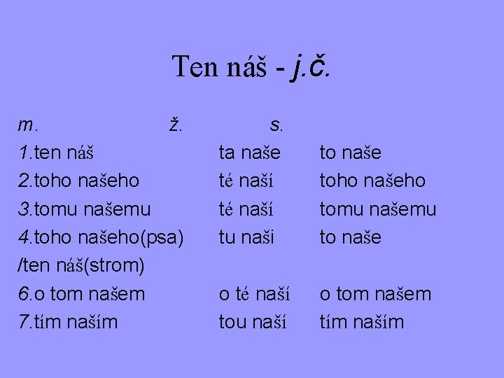 Ten náš - j. č. m. ž. 1. ten náš 2. toho našeho 3.