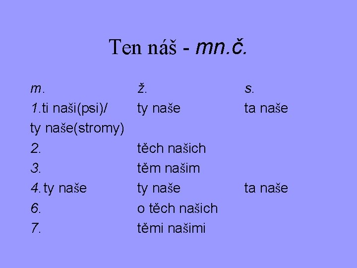 Ten náš - mn. č. m. 1. ti naši(psi)/ ty naše(stromy) 2. 3. 4.