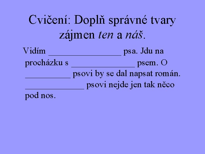 Cvičení: Doplň správné tvary zájmen ten a náš. Vidím ________ psa. Jdu na procházku