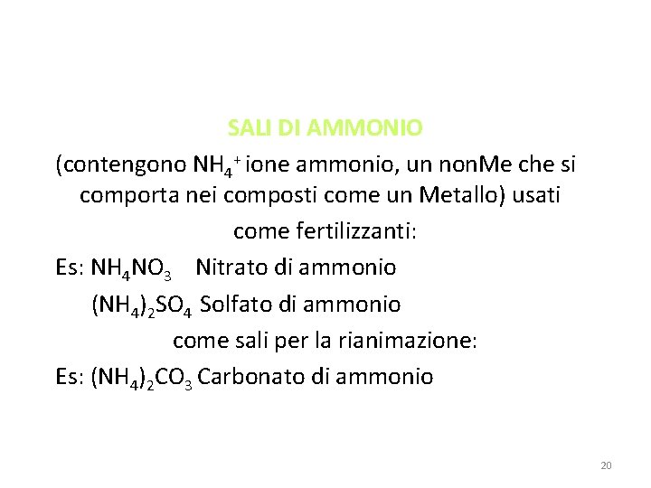 SALI DI AMMONIO (contengono NH 4+ ione ammonio, un non. Me che si comporta