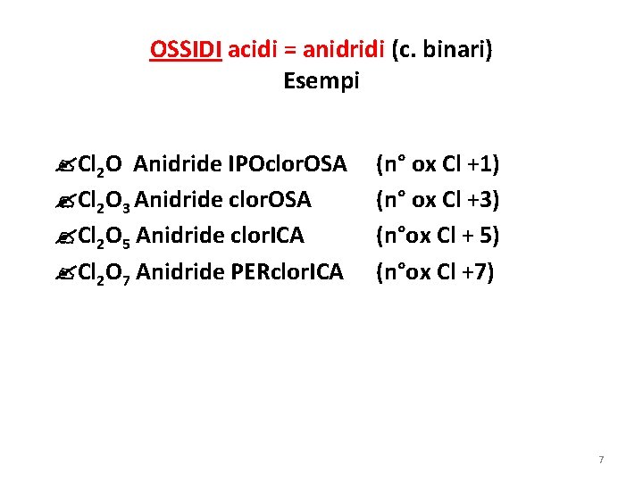 OSSIDI acidi = anidridi (c. binari) Esempi Cl 2 O Anidride IPOclor. OSA Cl