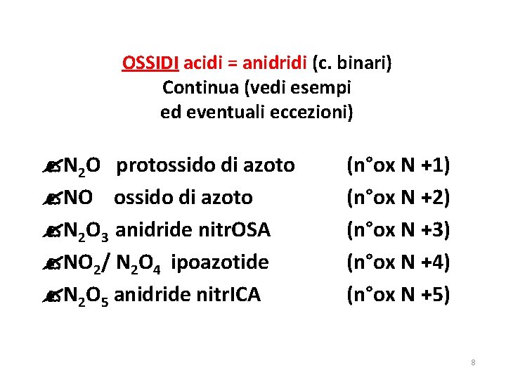 OSSIDI acidi = anidridi (c. binari) Continua (vedi esempi ed eventuali eccezioni) N 2