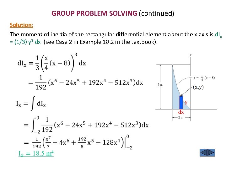 GROUP PROBLEM SOLVING (continued) Solution: The moment of inertia of the rectangular differential element