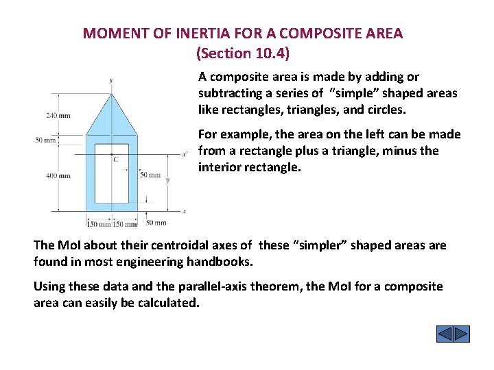 MOMENT OF INERTIA FOR A COMPOSITE AREA (Section 10. 4) A composite area is