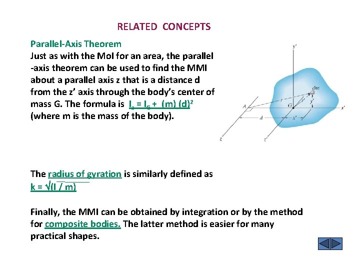 RELATED CONCEPTS Parallel-Axis Theorem Just as with the Mo. I for an area, the