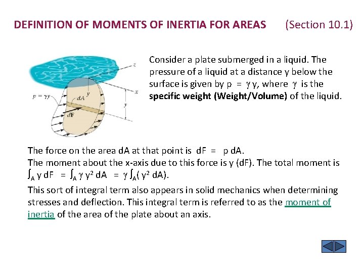 DEFINITION OF MOMENTS OF INERTIA FOR AREAS (Section 10. 1) Consider a plate submerged