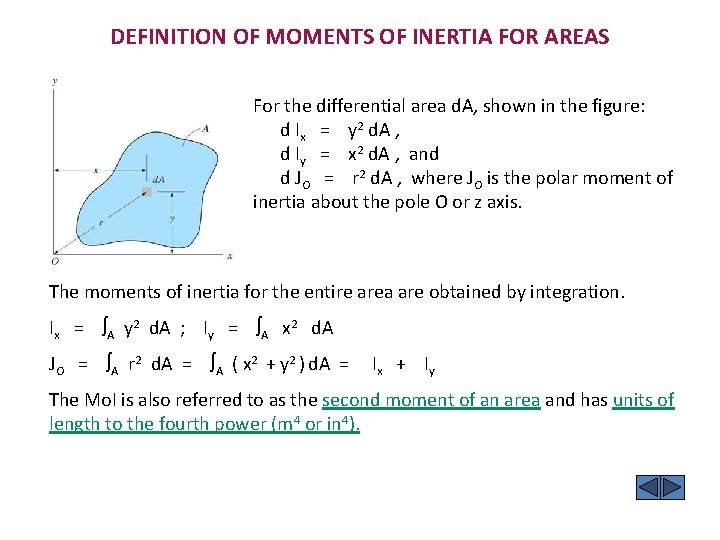 DEFINITION OF MOMENTS OF INERTIA FOR AREAS For the differential area d. A, shown DEFINITION OF MOMENTS OF INERTIA FOR AREAS For the differential area d. A, shown