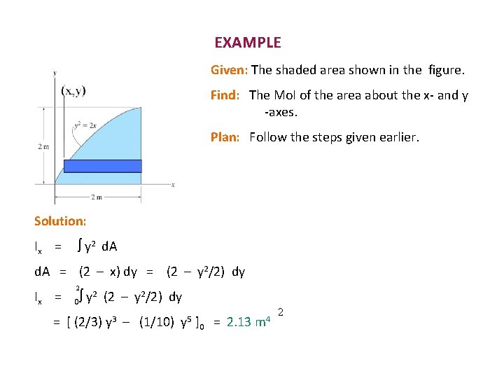 EXAMPLE Given: The shaded area shown in the figure. Find: The Mo. I of