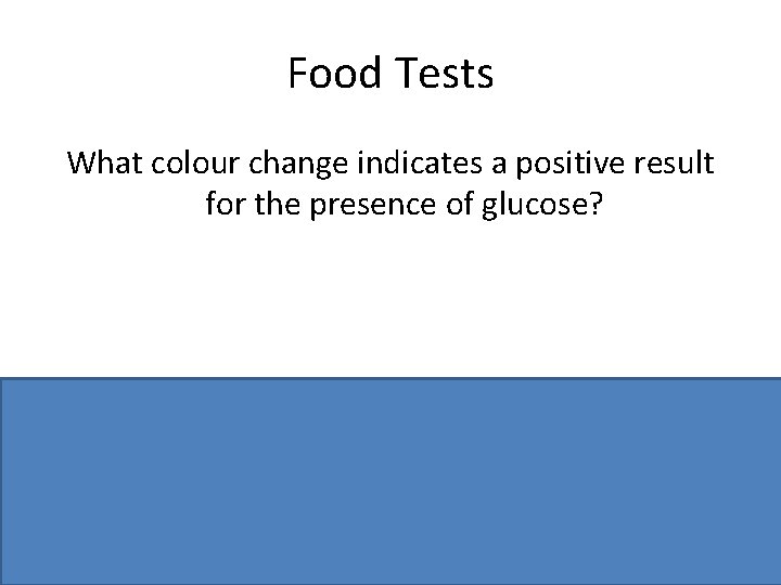 Food Tests What colour change indicates a positive result for the presence of glucose?